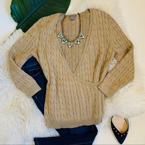 Cable knit gold sparkle faux-crossover sweater